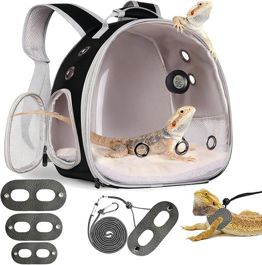 Bearded Dragon Travel Backpack Carrier with Reptile Thermometer and Humidity Gauge Lizard Travel Cage Space Capsule Clear Bubble Window Astronaut Reptile Bag for Ball Python (Black, Backpack+PG LSH)