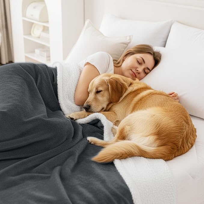 Smiry Waterproof Blanket Throw for Large Dogs, Soft Reversible Dog Blanket for Sofa Couch Bed, Washable Leakproof Sherpa Fleece Furniture Couch Protector(60"x80", Dark Grey/White)