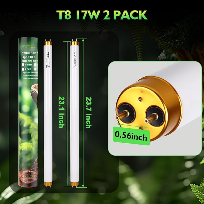 UVB Light for Reptiles Bearded Dragon, 2 Pack T8 UVB Reptile Light UVB Bulb 10.0 17W UVA UVB Reptile Light Bulb Terrarium Light Lamp Tube for Turtle Chameleon Leopard Gecko Snake Tank, 24 Inch