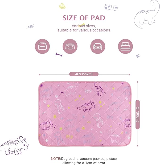 IEUUMLER Washable Pee Pads for Dogs, 2 Pack Non-Slip & Waterproof Whelping Pad, Reusable Puppy Potty Training With Fast Absorbent for Playpen EU007 (Pink Dinosaur, 24"X48"-2pcs)