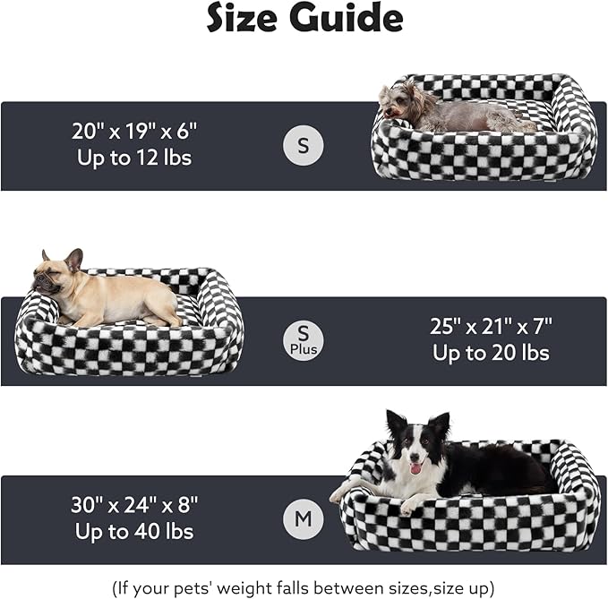 JOEJOY Dog Bed Medium Size Dog, Removable Washable Cover Orthopedic Soft Pet Bed, Anti-Slip Fluffy Plush Faux Rabbit Fur Puppy Bed, 30"x24"x8", Checkered, Black
