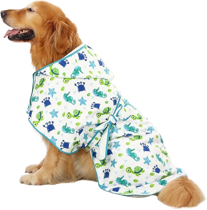 HDE Dog Bathrobe Super Absorbent Quick Drying Puppy Towel Wrap Coat Adjustable After Bath Robes with Hood for Dog Sizes S-XXL Sea Animals L