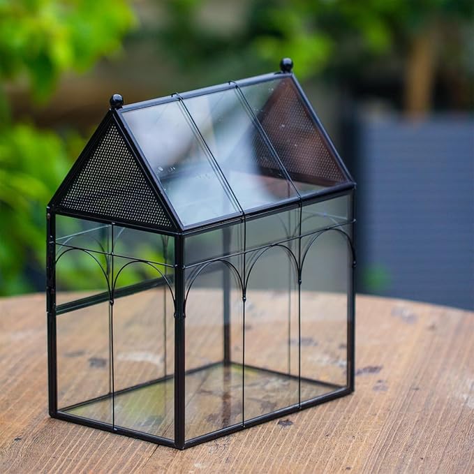 NCYP Glass Enclosure with Vent Holes for Jumping Spiders, Praying Mantis, Small Insect - 7.5" x 4.9" x 9" Front Opening Door Vented Glass Terrarium - House Shape, Home Decor, Black (Terrarium Only)