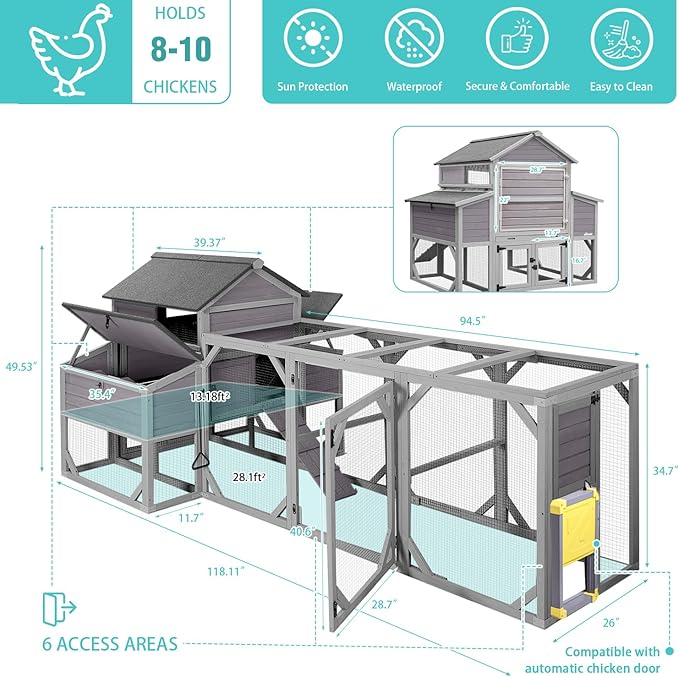 Suumerpety 41 sq.ft Large Outdoor Chicken Coop with Run - Multi-Level Hen House, Weatherproof Roof, Predator-Resistant Design & 6 Nesting Boxes for 8-10 Chickens