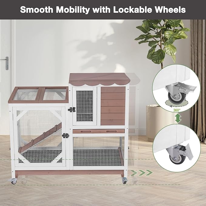 Large Rabbit Hutch Indoor Outdoor, 2-Tier Bunny Hutch with Wheels and Waterproof Roof, Wooden Guinea Pig Cage with Leak-Proof Pull-Out Trays, Multi-Door Bunny Cage for Small Animals