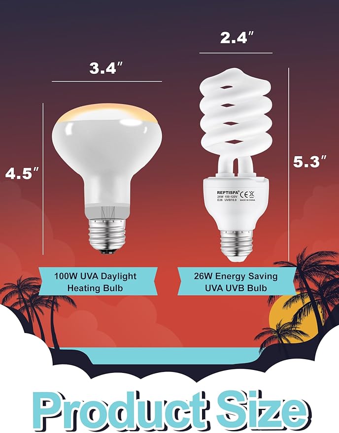 Heat Lamp Combo, 100W UVA Daylight Reptile Heat Lamp Bulb and 26W Desert 10.0 UVB Light for Reptiles, Energy Saving UVB Bulb, Infrared Basking Light for Bearded Dragon, Turtle and Lizard