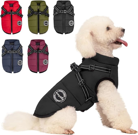 Warm Dog Winter Coat, Windproof Dog Cold Weather Jacket, Reflective & Adjustable Black Pet Vest with Harness, Thick Polar Fleece Lining Cozy Apparel for Small Medium Cats
