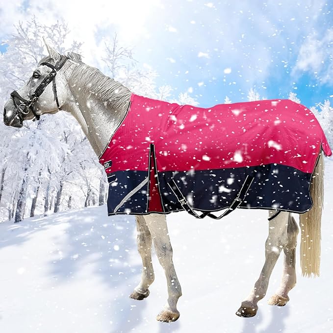 300g1200D Winter Waterproof and Breathable Horse Blanket Warm Turnout Blankets with Reflective Strips Design (Red/Blue, 69'')