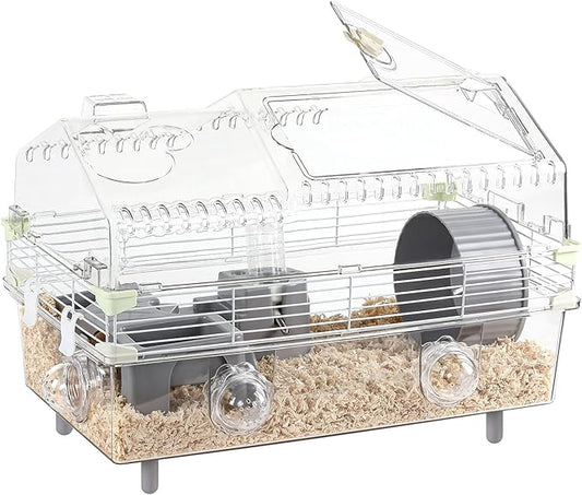 Hamster Cage Starter Kit 22″Lx12″Wx15″H with Combination of Bathtub & Food Bowl & Steps, φ6″ Exercise Wheel, Water Bottle, Sunroof, Lockable Door, Transparent/Gray