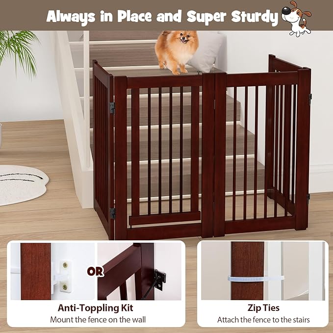 Tall Dog Gate with Door, 4-Panel 30 inch High Wooden Puppy Playpen, Freestanding Pet Door Gates, Folding Indoor Pet Enclosure, Extra Wide Room Divider for House, Stairs, Doorway