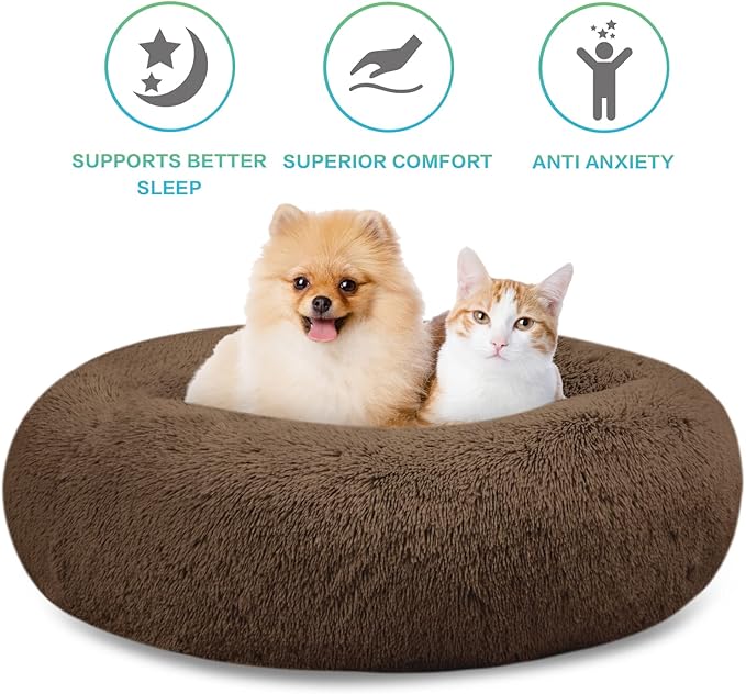 SAVFOX 23 inches Calming Donut Dog Bed - 3X Durable Plush Faux Fur, Machine Washable & Non-Slip, Fits up to 25 lbs, Brown