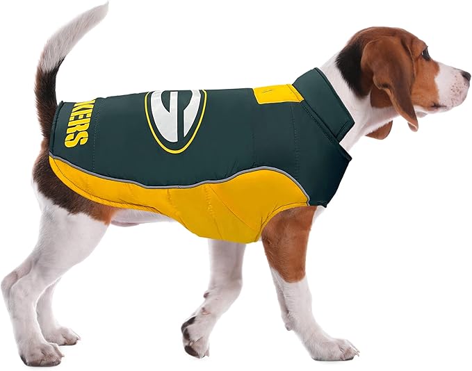 NFL Green Bay Packers Puffer Vest for Dogs & Cats, Size Small. Warm, Cozy, and Waterproof Dog Coat, for Small and Large Dogs/Cats. Best NFL Licensed PET Warming Sports Jacket