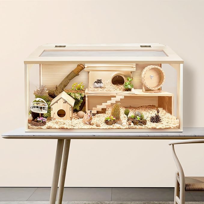 PROLEE Hamster Cage with Chewproof Wood Top, Guinea Pig Cages, Hamster Habitat with Clear Acrylic Sheets Solid Built, Small Animal Cage (Oak, 40X19.5X19.5 inch)