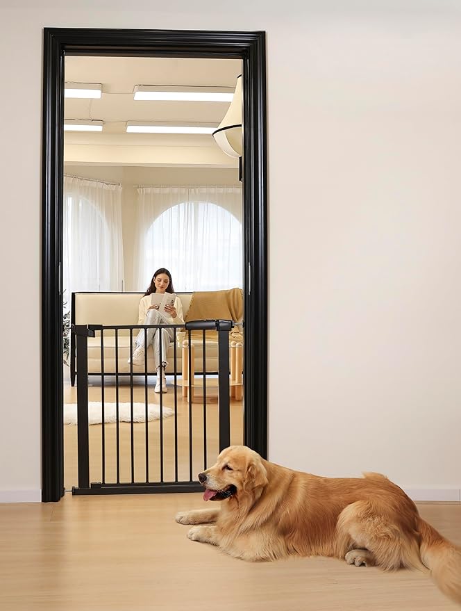 30.47"-32.64" Baby and Pet Safety Gate, 30" Tall Metal Walk-Thru Gate for Doorways & Stairs, Easy One-Hand Open, Dual Lock (Brown, 29" W x 30.5“H)