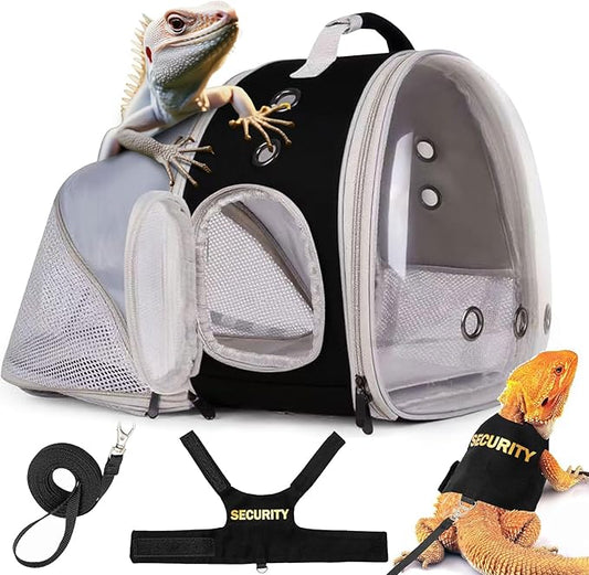 WEVONIGU Expandable Small Animal Backpack Carrier with Clear Bubble Window Large Space Travel Cage for Hedgehog Rat Parrot,Bearded Dragon,Sugar Glider,Airline Approved (Black, BE Backpack+LSH)
