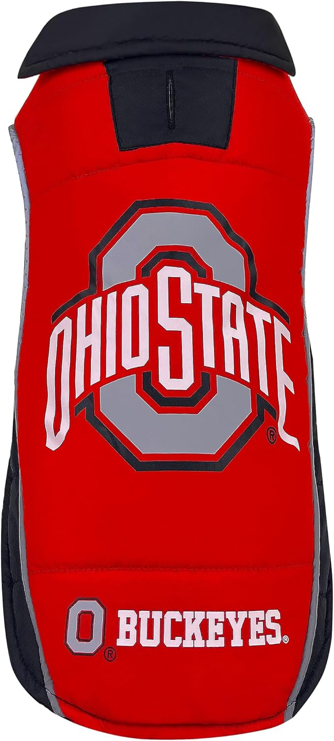 NCAA Ohio State Buckeyes Puffer Vest for Dogs & Cats, Size Large. Warm, Cozy, and Waterproof Dog Coat, for Small and Large Dogs/Cats. Best NCAA Licensed PET Warming Sports Jacket