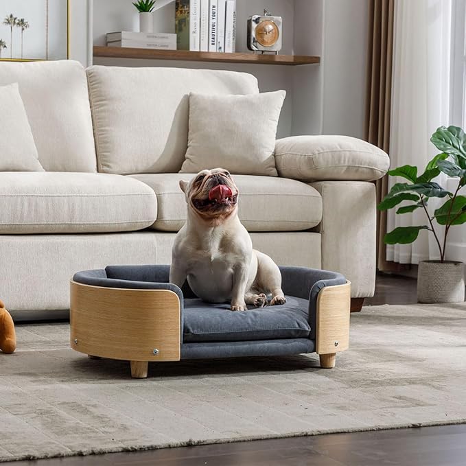 Elevated Dog Bed Pet Sofa with Solid Wood Legs and Bent Soft Backrest, Pet Cat Stool Bed with Velvet Cushion,for Small and Medium Size Dogs Kitten, Mid Size