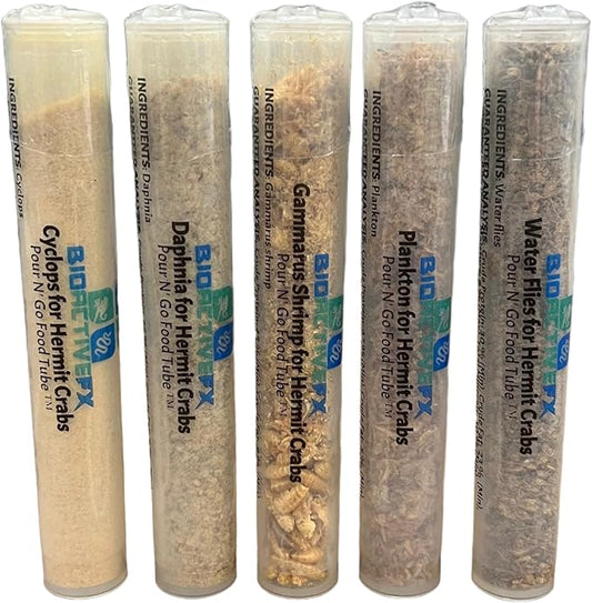 Hermit Crab Food Variety Packs - Natural Multi-Mix and Treat Blend for Pet Hermit Crabs, Pour N’ Go Food Tube ™, Lab-Tested for Quality & Safety (5 Pack Protein + Puffs)