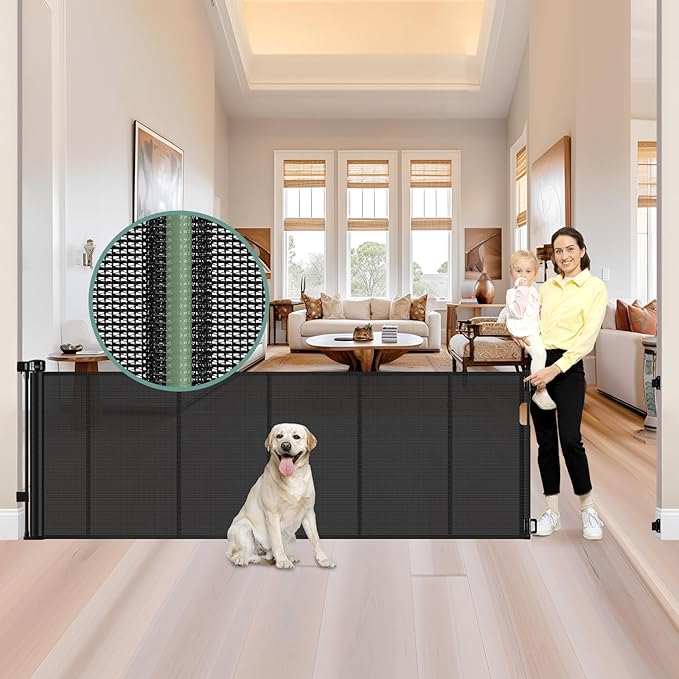 Reinforced 159 Inch Extra Wide Baby Gate for Large Opening with Support Rod, Indoor/Outdoor Retractable Baby Gates Extra Wide, Prevent Babies and Dogs from Crawling Through Retractable Dog Gate, Black