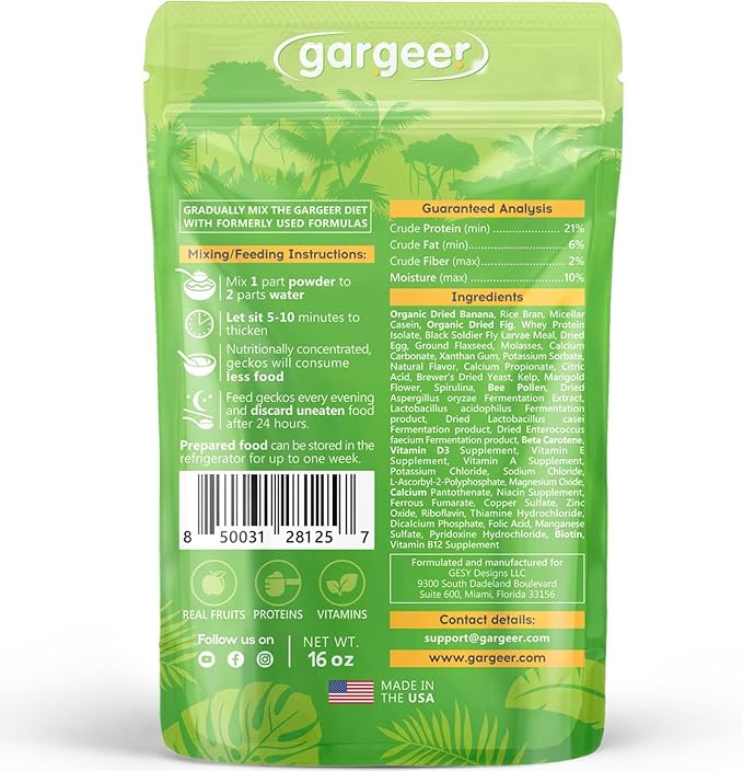 Gargeer 16oz Complete Crested Gecko Food Diet. Premium Ingredients Mix, Ready to Use Freshly Made Powder. Unique Superfood Formula, Developed & Made in The USA. Enjoy!