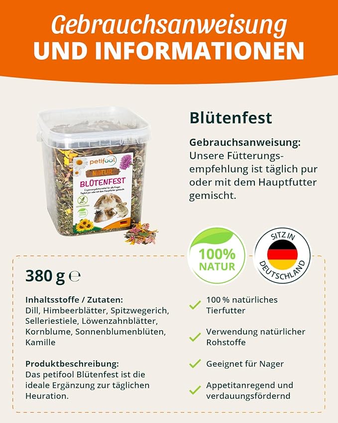 GIGATEMP petifool Blütenfest 380g - Ergänzungsfutter für Nager - natürliches Nagerfutter für Kaninchen, Meerschweinchen, Hamster, Chin