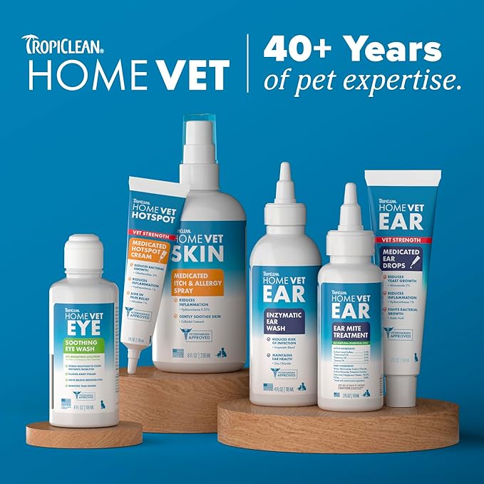 TropiClean HomeVet Dog Ear Cleaner, Ear Mite Treatment for Cats & Dogs, Ear Cleaning Solution Rinses on Contact, USA Made, 2 oz