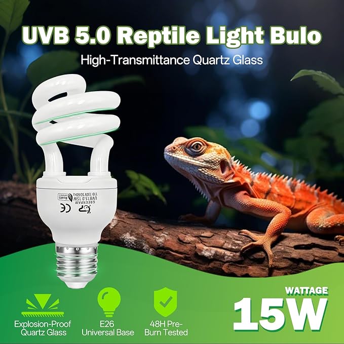 UVB Reptile Light 5.0: 15W Tropical & Subtropical UVA UVB Reptile Light Bulb, UVB Light for Reptiles Compact Fluorescent Terrarium Lamp,UVB Bulb for Chameleon Turtle Gecko Snake Include UV Sensor Card