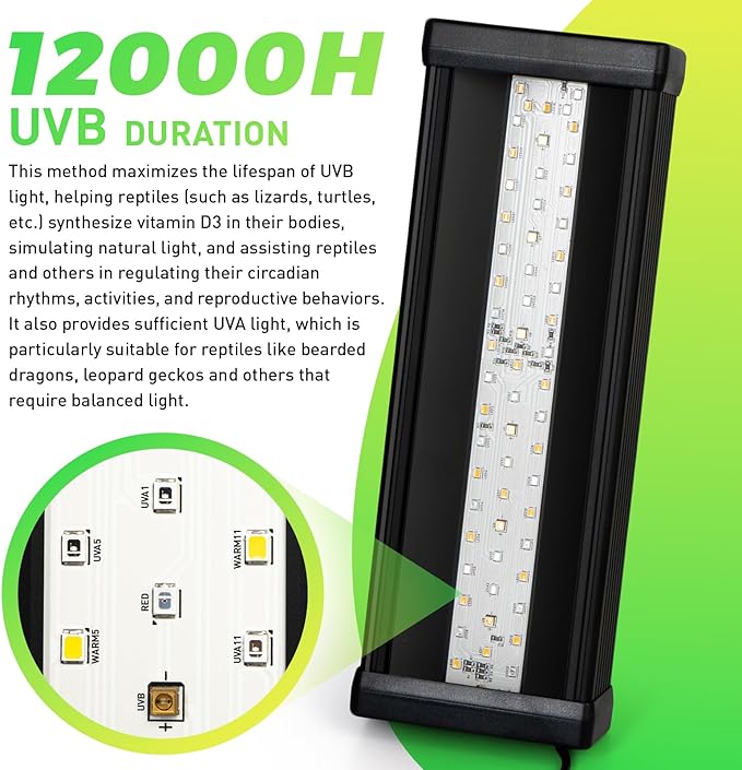 HNRLOY UVB Reptile Light,5Inch UVA UVB LED Heater Lamp Bar for Bearded Dragon, Turtles, Gecko, Snake, Lizard, Adjustable 6/10/12H Timer, Dimmable with 3 Lighting Modes