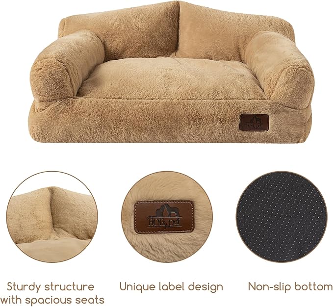Hollypet Fluffy Dog Cat Bed Pet Couch Beds Plush Soft Warming Washable Puppy Bed for Small Medium Dogs and Large Cats, Light Brown, 24" L x 18" W x 10" Th