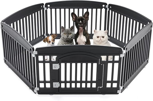 DUMOS Dog Playpen 6 Panel 24" Plastic Exercise Pen with Door Small Puppy, Medium Dogs Animal Pet for Outdoor, Garden, Yard, RV Camping - Black