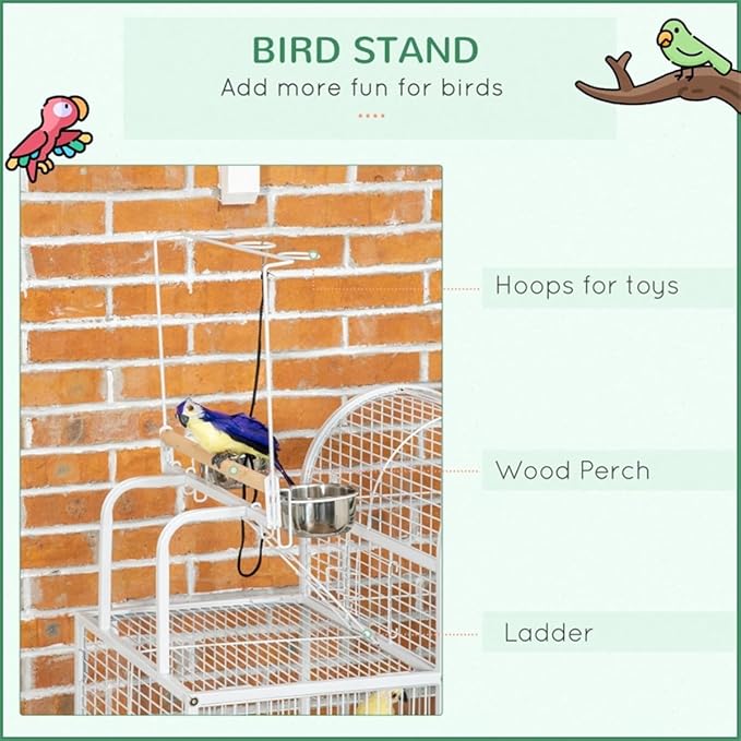 Bird Cage Outer Perch and Ladder,Hooks for Hanging Toys,Two Perches High-Security Latches,Removable Bottom Grate and Slide-Out Tray White