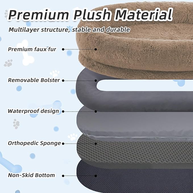 WROS Human Dog Bed, Large Dog Beds for Humans Size Fits You and Pets, Washable Faux Fur Orthopedic Human Pet Bed for People Doze Off, Napping, Present Pillow, Blanket, Strap - Khaki