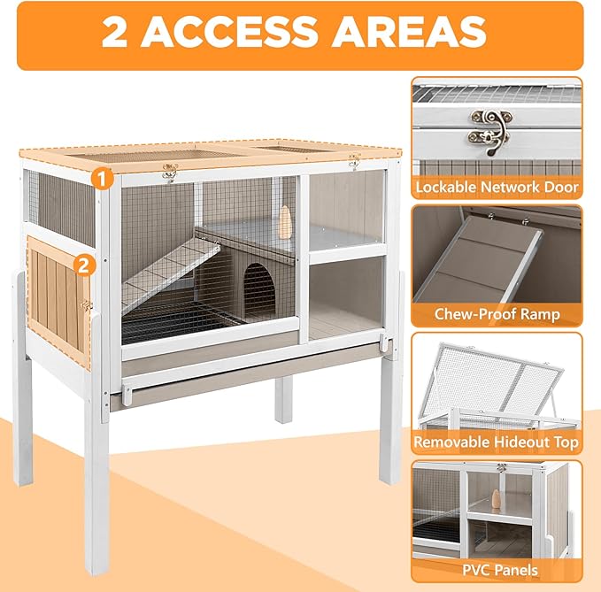 Easy-View 2-Storey Guinea Pig Cages Indoor, Wooden Guinea Pig Cages with 4 Detachable Legs, Leakage Pull-Out Tray, Metal Strip Ramp, Hideout, Ideal for Guinea Pig, Rabbit, Hamster, Hedgehog