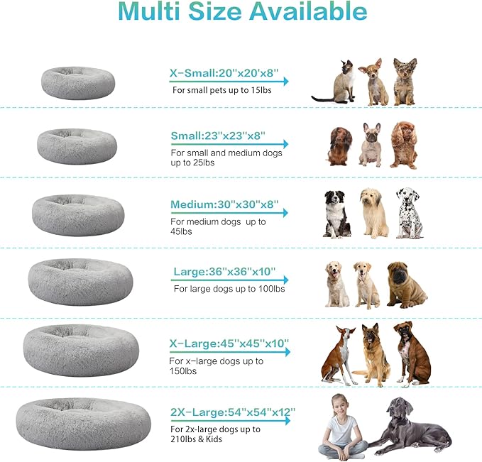 SAVFOX 45 inches Calming Donut Dog Bed - 3X Durable Plush Faux Fur, Machine Washable & Non-Slip, Fits up to 150 lbs, Light Grey