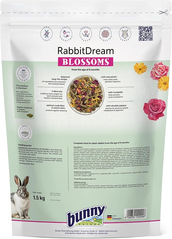 Bunny Nature Rabbit Food Pellets RabbitDream Blossoms, 63 Herbs, Rose Petals, Marigold, Papaya, High Fiber, Grain Free, Digestive Health, Skin & Coat - 3.3 lbs