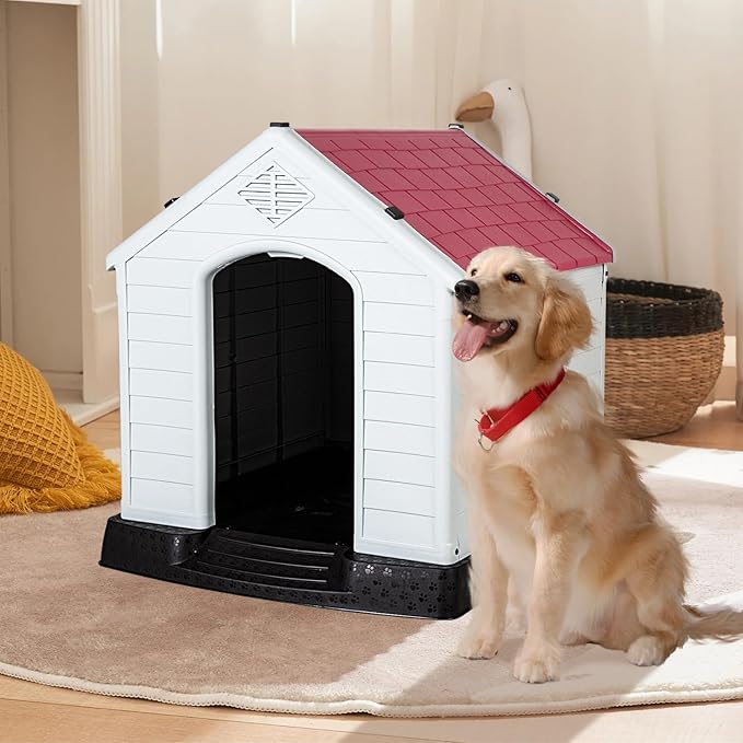FDW Dog House Indoor Outdoor Durable Ventilate Waterproof Pet Plastic Dog House Puppy Shelter Kennel,Dark Red