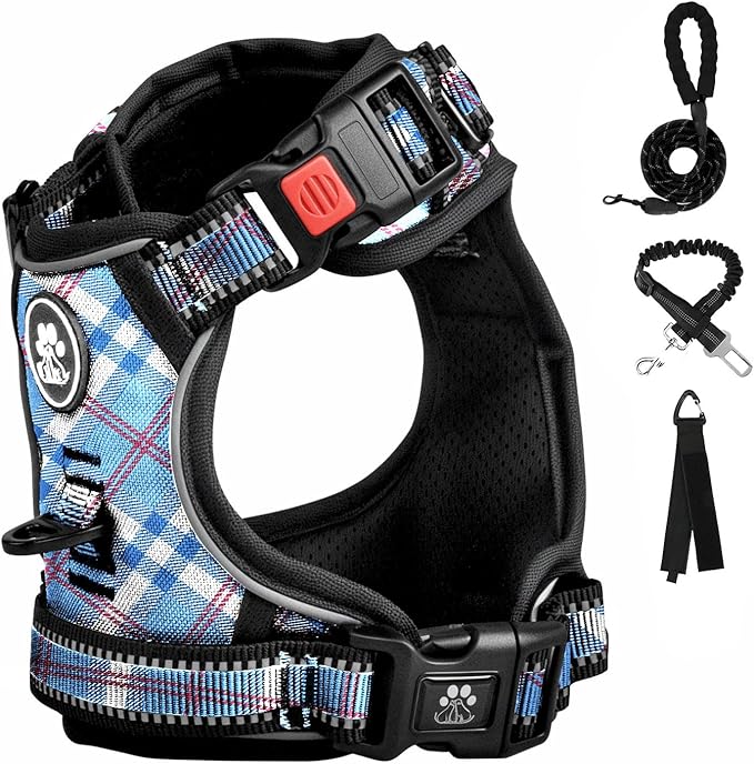FURRYFECTION Plaid Dog Harness for Medium Dogs, Reflective No Pull Adjustable Pet Vest with Front Clip, Leash, Easy Control Handle and Seat Belt, Blue&White, M