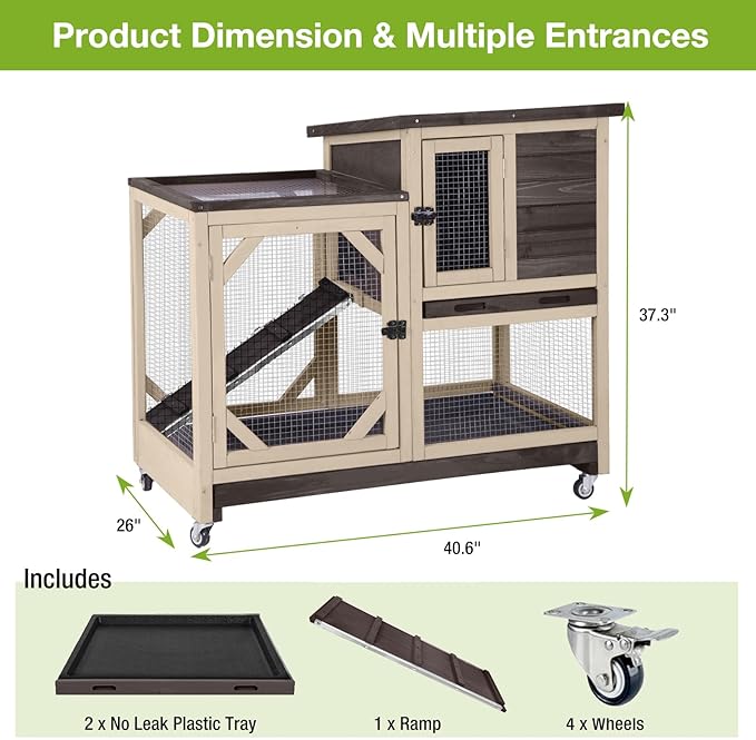 Guinea Pig Cages Indoor/Outdoor, Wooden Rabbit Hutch with Wheels, Large Rabbit House with 2-Story, Bunny Cage with Chew-Proof Ramp and Leap-Proof Trays, Waterproof Small Animals Habitat (Brown)