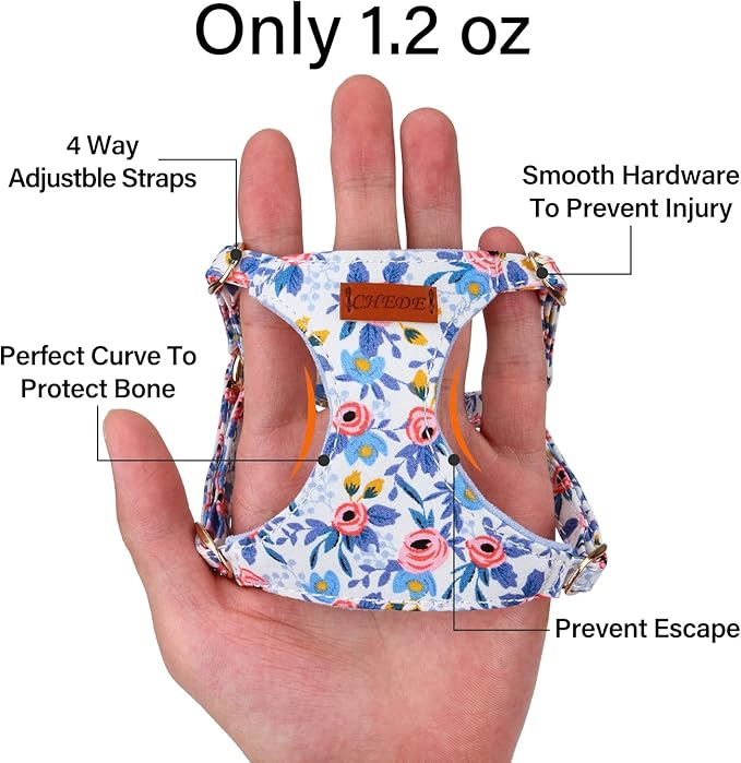 CHEDE No Pull Floral Pattern Dog Harness- Lightweight and Soft Harness, Adjustable Small Dog Harness and Leash Set, with Dog Leash, Suitable for Puppy Small and Medium-Sized Dog (XS, Blue Rose)