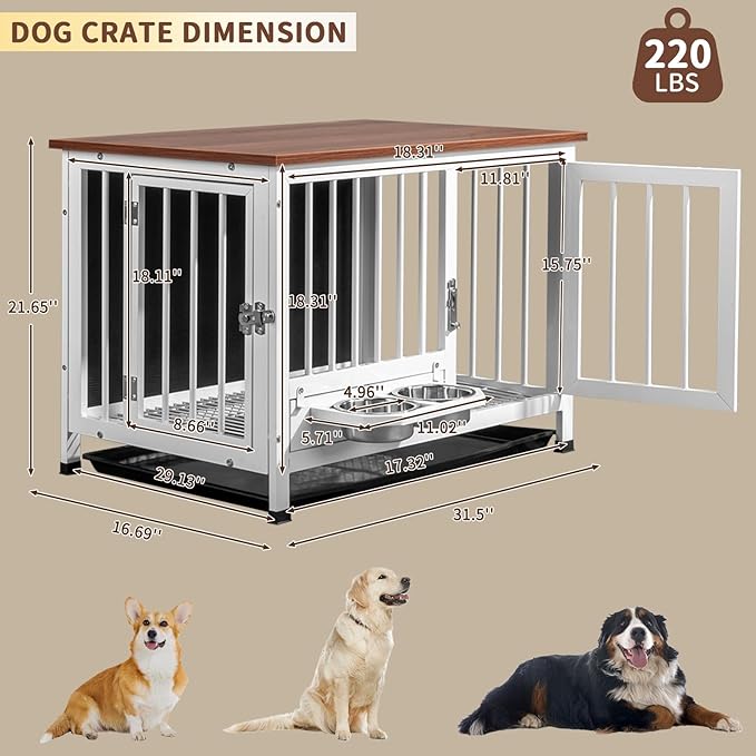 VINGLI Dog Crate Furniture, 32.5" Wooden Dog Kennel with 360° Swivel Feeder, Dog Cage Indoor for Small and Medium Dogs, Easy to Clean (Medium-32 inch White)