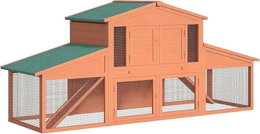 PawHut 89" L Outdoor Rabbit Hutch, Guinea Pig Cage Indoor Outdoor Wooden Bunny Hutch with Double Runs, Weatherproof Roof, Removable Tray, Ramps, Orange