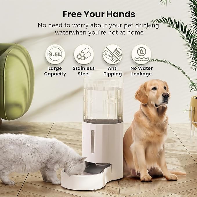 CZPET Dog Water Bowl Dispenser 9.5L, Wider Mouth & Upgraded Brush, Easy Cleaning Automatic Cat Gravity Refilling Waterer with Removable Stainless Steel Bowl, Large Drinking Area for Multi-Pet (White)