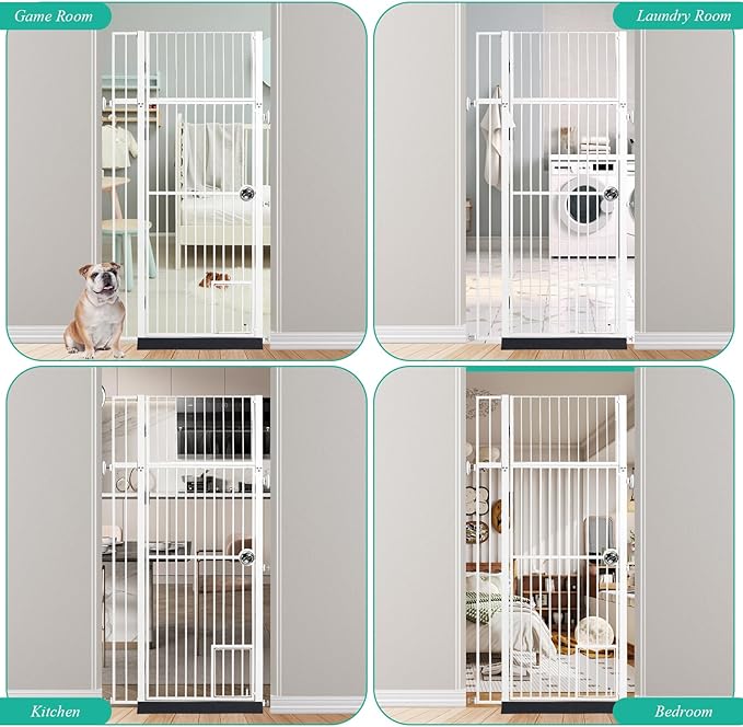 71" Extra Tall Pet Gate with Cat Door, Fits for 28.7"&37.5" Extra Wide Pressure Mounted Pet Barrier Auto-Close Safety Cat Gate with Walk Through Door Latch,White,No Drill
