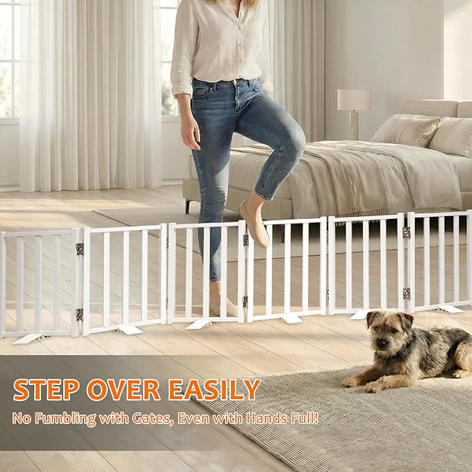 Snagle Paw Short Dog Gate,16.5" Tall Freestanding Metal Dog Gate Only for Small Dogs with Support Feet Easily Step Over,Up to 72" Wide Puppy Gate Indoor for Stairs,Doorways(White,6 Panel)