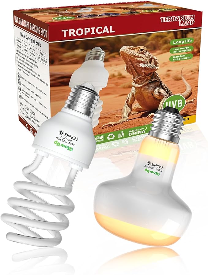 GlowUp UVA UVB Light Bulbs for Reptiles E26 Combo Pack 110V - 100W Reptile Heat Lamp Bulb + 26W 10.0 UVB Bulb Provide Heat, Light, D3 and UV for Bearded Dragon, Tortoise, Lizard
