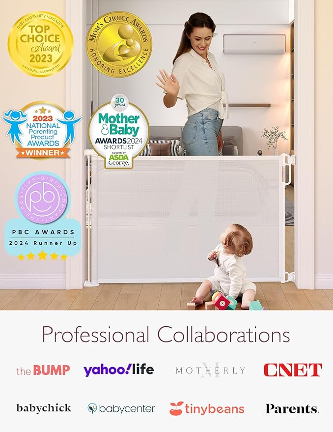 Momcozy Retractable Mesh Baby Gate or Dog Gate, Child Safety Gate for Indoor or Outdoor, 33-inches Tall with up to 55-inches Wide Extension, White
