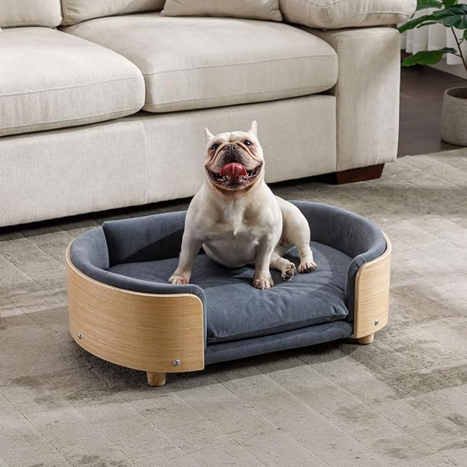 Elevated Dog Bed Pet Sofa with Solid Wood Legs and Bent Soft Backrest, Pet Cat Stool Bed with Velvet Cushion,for Small and Medium Size Dogs Kitten, Mid Size