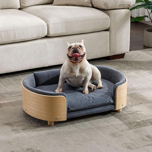 Elevated Dog Bed Pet Sofa with Solid Wood Legs and Bent Soft Backrest, Pet Cat Stool Bed with Velvet Cushion,for Small and Medium Size Dogs Kitten, Mid Size
