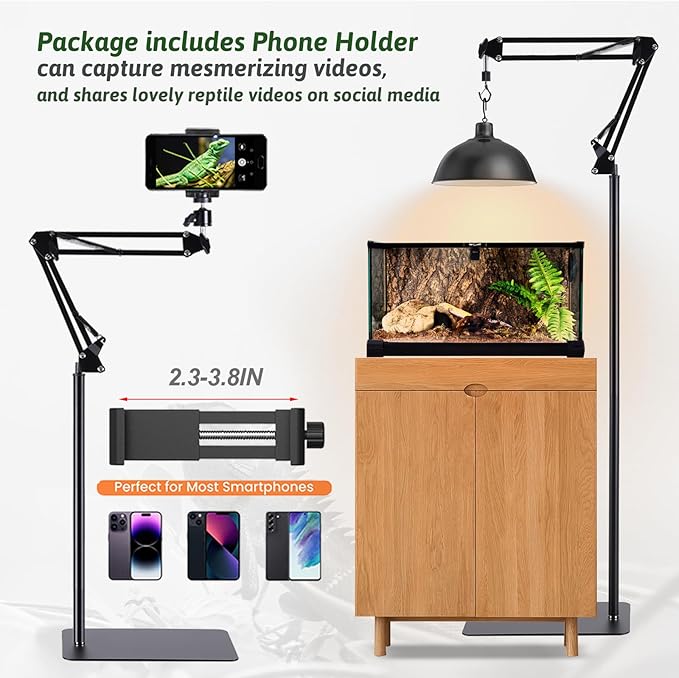 Metal Reptile Lamp Stand Tall Floor，Reptile Heat lamp Stand Adjustable with 360 °Swing Arm, Reptile Heating Lamp Stand Suitable for Different Types of Reptilee Lights (Includes Phone Holder)
