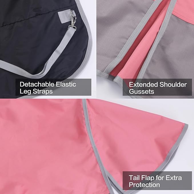 1200D Ripstop Waterproof Breathable Horse Blanket (0g No Fill), Lightweight Turnout Rain Sheet, Keeps Dry in Mud & Wet Weather Pinkgrey 75"